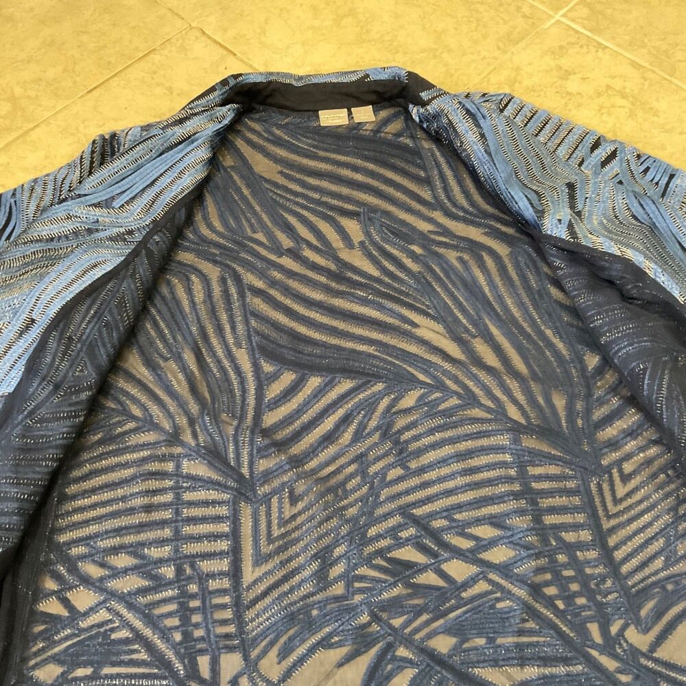 Chico's Travelers Blue Whimsy Mesh Stripe Embroidered 3/4 Sleeve Jacket 3 US XL - Picture 11 of 14